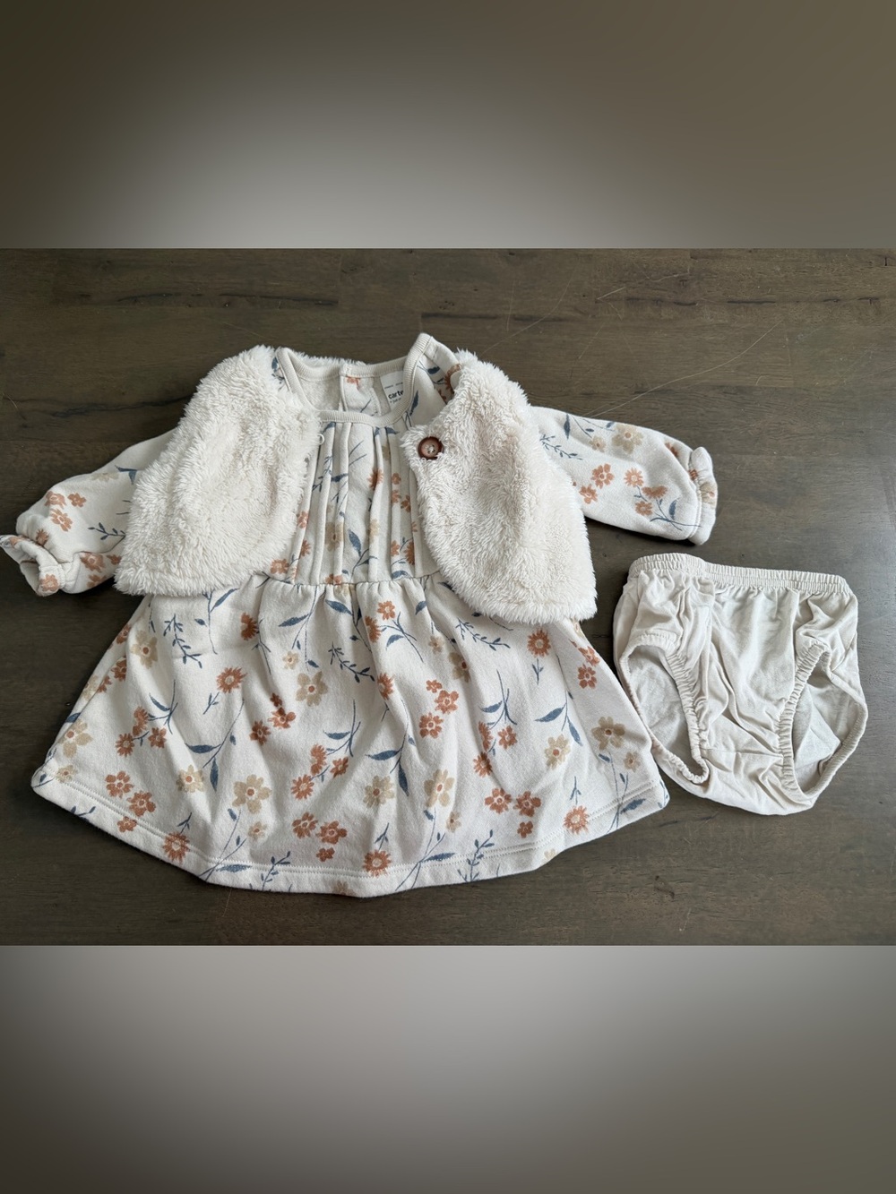 Carters 3pc Baby Fall Floral Dress Set with Cream Sherpa Vest and Bloomers